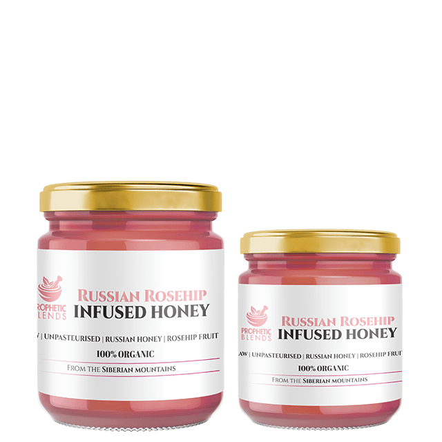 both retail rosehip honey jars side by side with prophetic blends product labels