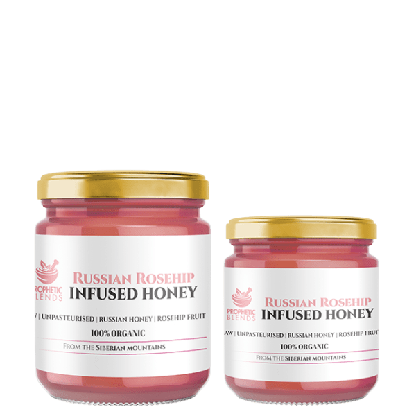 both retail rosehip honey jars side by side with prophetic blends product labels