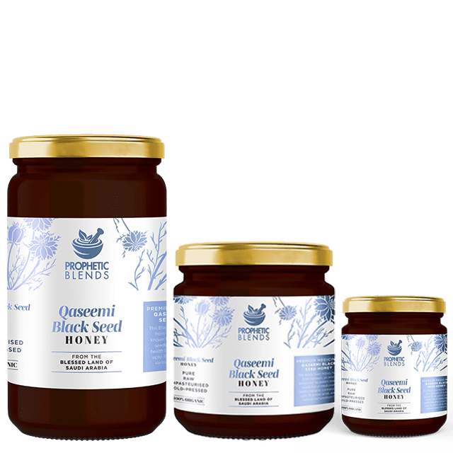 500g 250g & 140g glass jars of qaseemi black seed honey in descending order with prophetic blends product labels