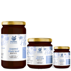 500g 250g & 140g glass jars of qaseemi black seed honey in descending order with prophetic blends product labels