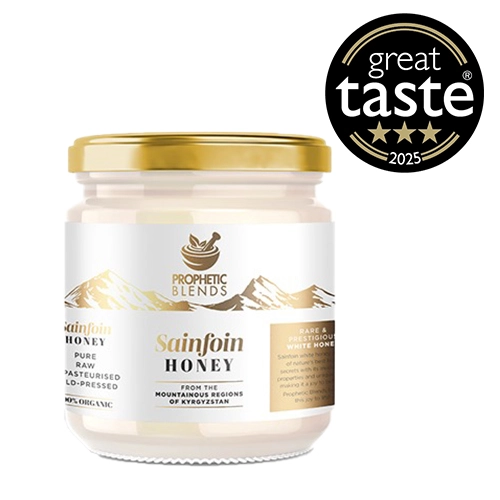 250g jar of white sainfoin honey from kyrgyzstan product image with prophetic blends branding