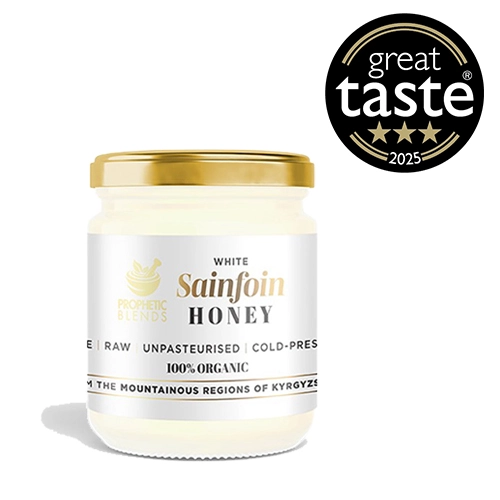 kyrgyzstan white sainfoin honey 140g jar product image by prophetic blends with 3 star great taste award badge 2025