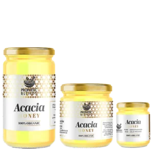 organic hungarian acacia honey product featured image prophetic blends with 500g 250g & 140g jars in a row