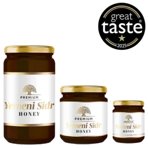 raw yemeni sidr honey product in a row of 500g and 250g and 140g jars featured image by prophetic blends with 1 star great taste award 2025 badge