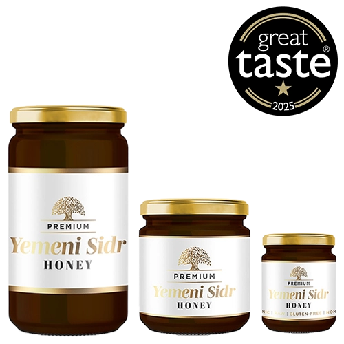 raw yemeni sidr honey product in a row of 500g and 250g and 140g jars featured image by prophetic blends with 1 star great taste award 2025 badge