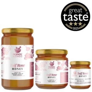 three elegant glass jars of pure raw taif rose honey from saudi arabia each thoughtfully presented with premium prophetic blends labels in descending sizes of 500g, 250g and 140g
