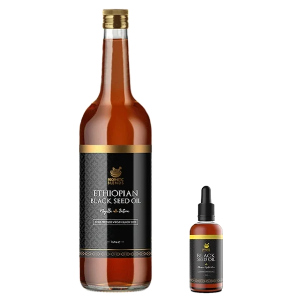 well proportioned depiction of a one litre bottle of raw cold pressed ethiopian black seed oil adjacent to a 100ml bottle with premium prophetic blends branding