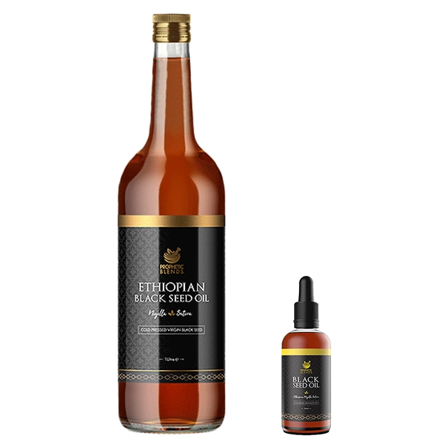 well proportioned depiction of a one litre bottle of raw cold pressed ethiopian black seed oil adjacent to a 100ml bottle with premium prophetic blends branding