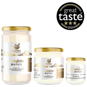 white sainfoin honey from kyrgyzstan featured image showing 140g 250g and 500g jars by prophetic blends