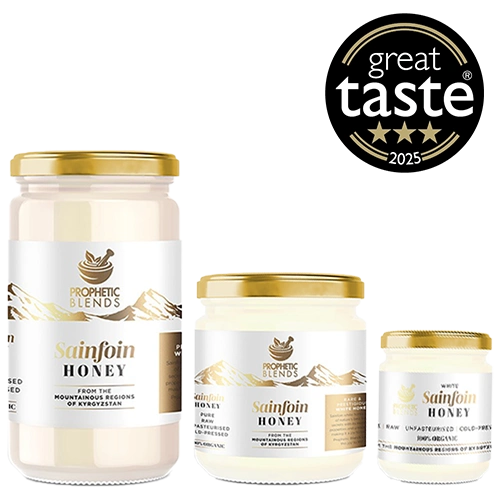 white sainfoin honey from kyrgyzstan featured image showing 140g 250g and 500g jars by prophetic blends