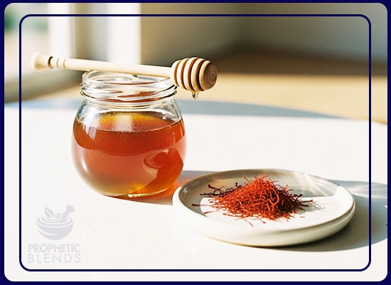 yemeni sidr honey jar on all white table next to clean plate of saffron