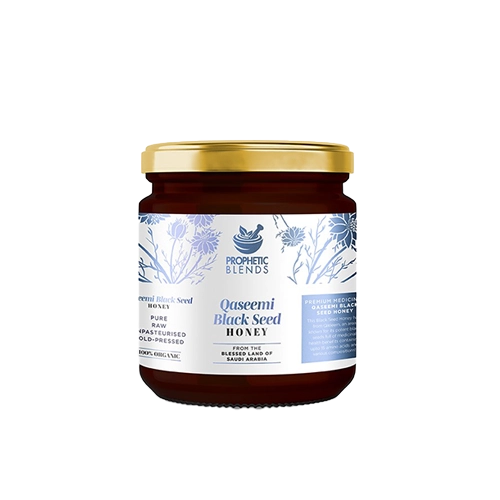 250 gram jar of qaseemi black seed honey with shiny silver blue product label & prophet blends logo & branding