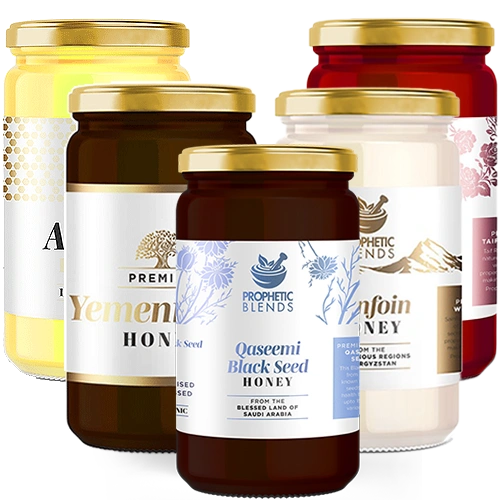 assortment of premium honey jars at the 500g size yemeni taif rose sainfoin black seed included