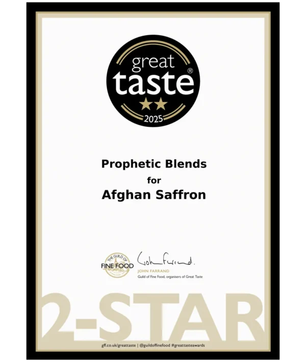 afghan saffron 2 star great taste award 2025 certificate for prophetic blends