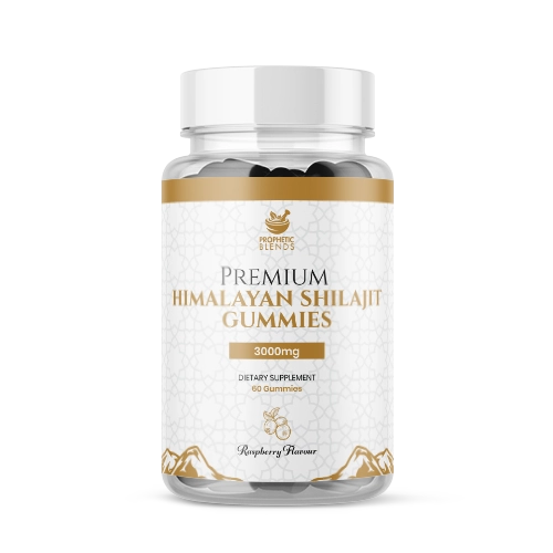 close up of pure himalayan shilajit gummies 3000mg bottle product image with over 70% fulvic acid content by prophetic blends
