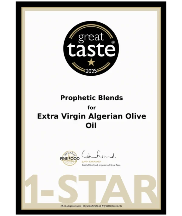 extra virgin algerian olive oil 1 star great taste award 2025 certificate for prophetic blends