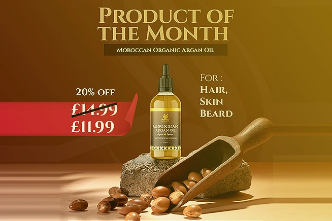 prophetic blends product of the month november 2025 moroccan argan oil promotional banner with new sale price