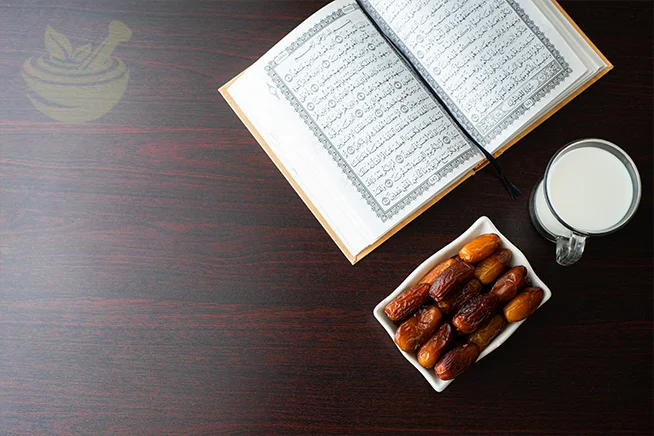 ramadan moments dates and milk and Quran iftar time with prophetic blends logo