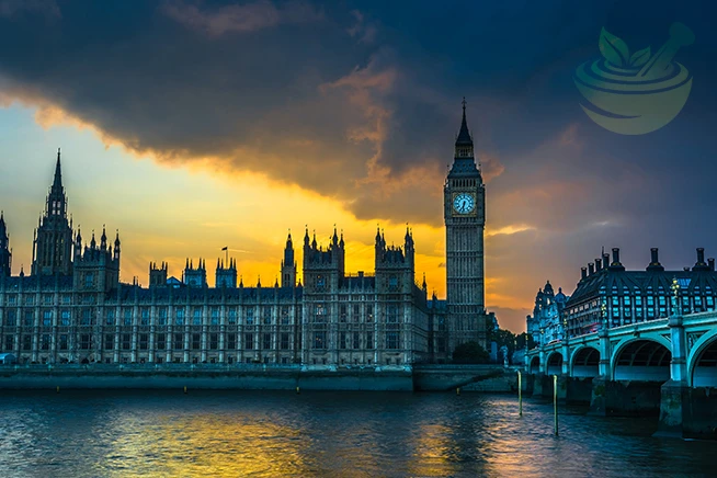 westminster abbey and big ben illuminated at night in london, with the river thames reflecting city lights and a visible logo in the foreground