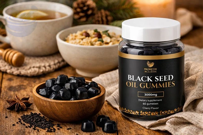 black seed oil gummies for digestive comfort and bloating relief on a cozy winter table