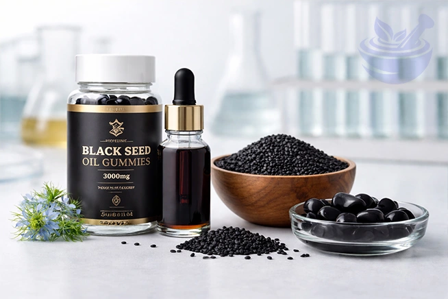 black seed oil gummies in a lab setting, showcasing the benefits of black seed oil gummies.