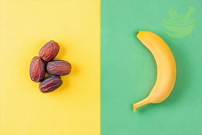 creative layout made of banana and dateson colorful background.