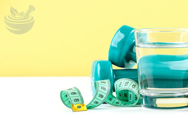 dumbbells, measuring tape, and glass of water on a white-green background, representing fitness, weight management, and healthy habits