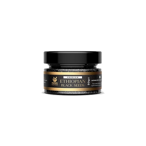 ethiopian black seeds in 50g jar product image graphic by prophetic blends