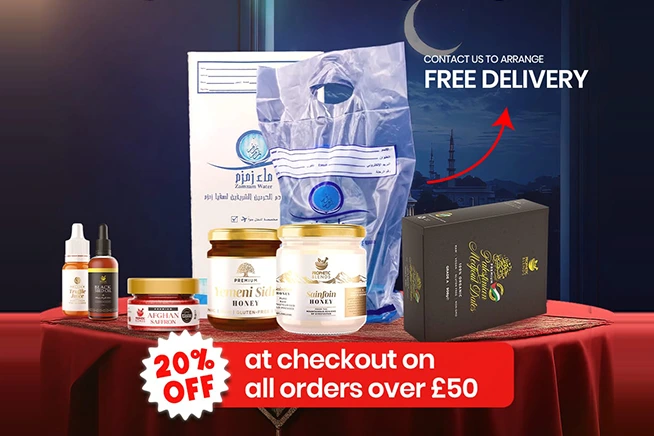 multiple products on a red velvety table cloth for ramadan sale 1447 2026 banner with 20% off all orders over 50 GBP