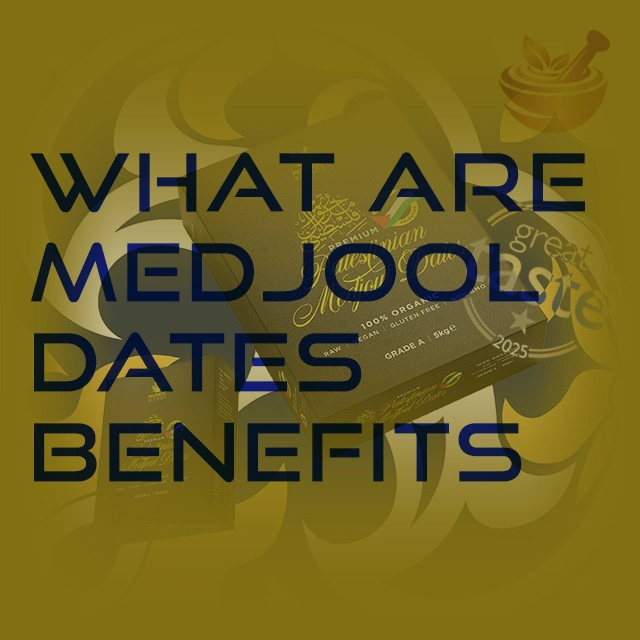 what are medjool dates benefits written as featured image with dark golden decorative gradient effects