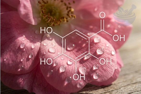 gallic acid chemical structure over soft pink taif rose petals with natural dew, highlighting antioxidant properties
