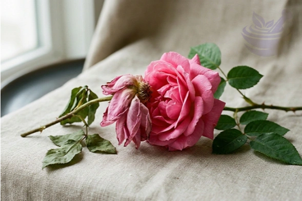 half-wilted half-fresh pink damask rose symbolising vitality, cell health and overall, the benefits of taif rose honey