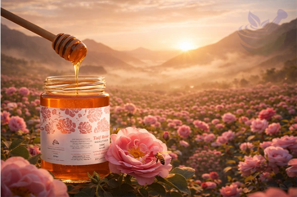 luxury taif rose honey jar with pink damask roses and honey dipper in soft natural light