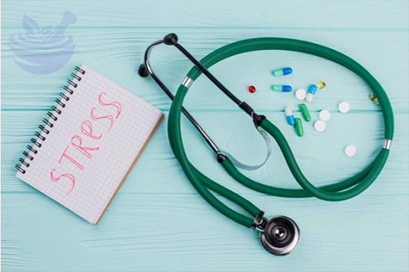 medical stethoscope with pills and notepad isolated on turquoise background with prophetic blends logo