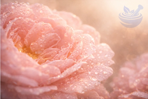 pink taif rose petals with morning dew highlighting natural antioxidants with prophetic blend logo