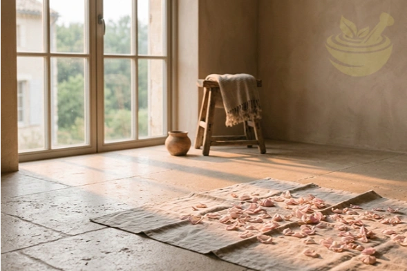 soft morning sunlight on linen with scattered pink taif rose petals, calm and natural wellness atmosphere