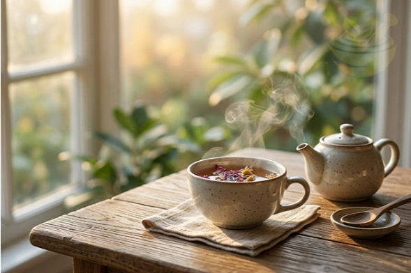 steaming herbal tea in warm morning light evoking calm and gentle wellness
