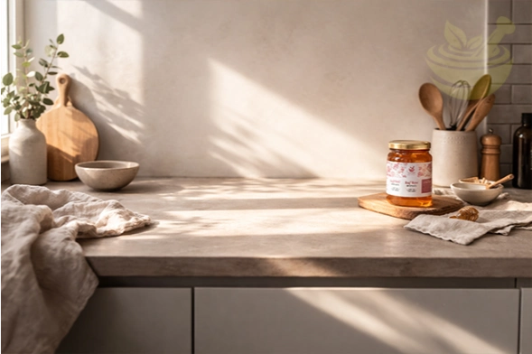sunlit modern kitchen counter with warm natural light, representing purity and everyday wellness