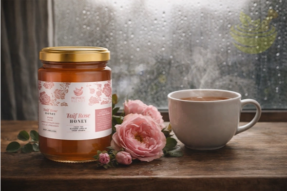taif rose honey jar with pink rosa damascena roses and tea by rainy window, premium raw honey for daily wellness