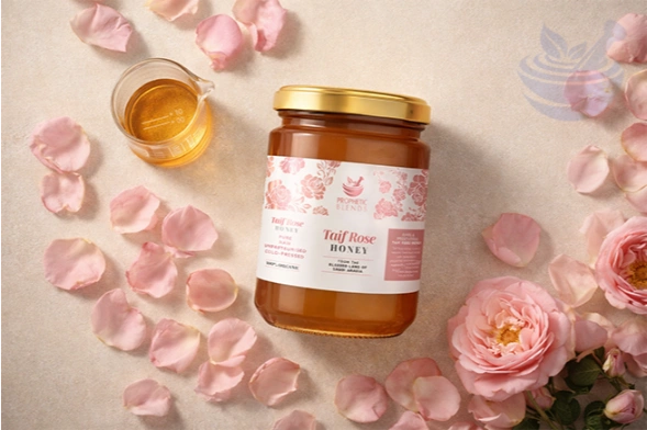 taif rose honey with pink damask roses and glass beaker on neutral background, natural wellness concept